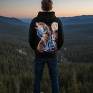 Hoodie with a design of wolves howling at the moon on a black background