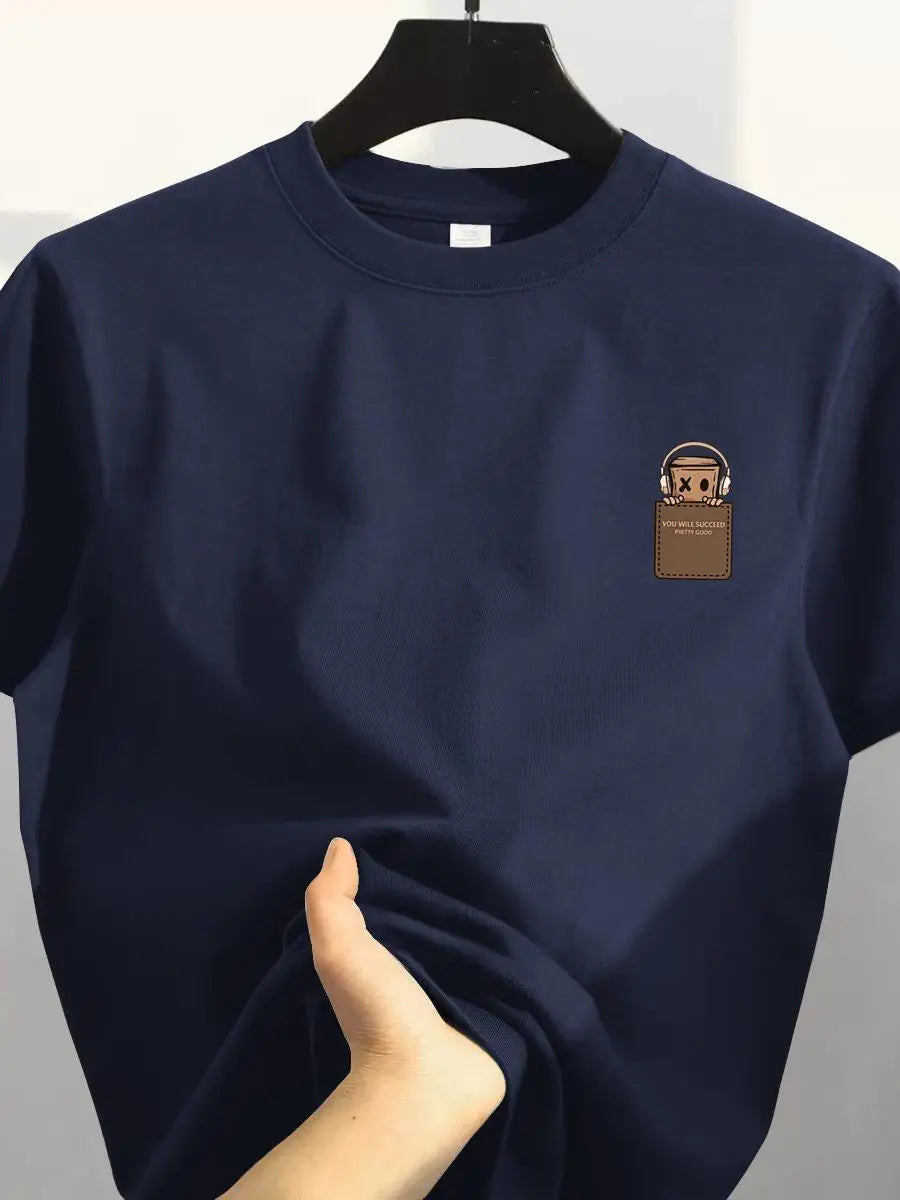 Retro Loose Fit Pure Cotton ort Sve T-irt ex Casual Top Korean Sle Printed Cotton Tee Men's Cut Label