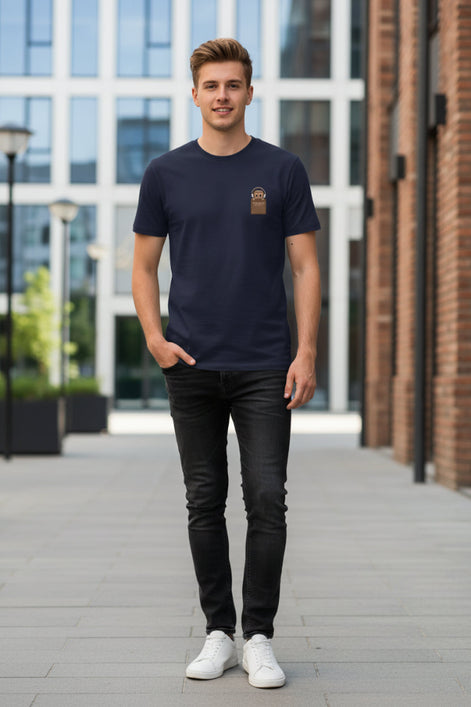 Navy blue t-shirt with a brown patch on a hanger against a white background