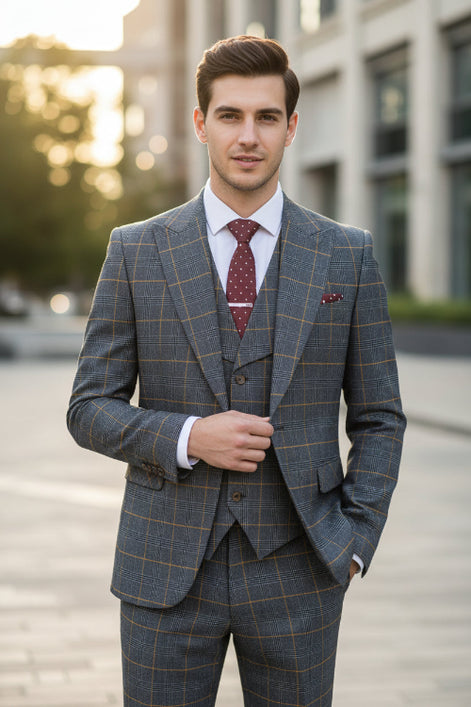 Blue checkered suit on a mannequin with a brown curtain background