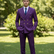 Purple suit with gold buttons on a white background