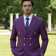 Purple suit with gold buttons on a white background