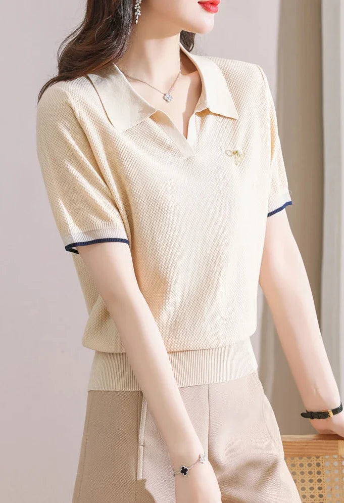 Female Tee Baggy Plain Knitted Cute T-shirts Kawaii Women's Polo Pulovers Offer Comfortable Summer 2025 with Collar New On