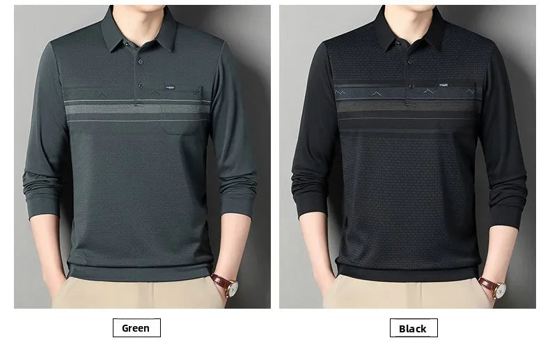 Two men's long-sleeve polo shirts shown side by side, labeled Green on the left and Black on the right, worn by a model against a plain gray background.