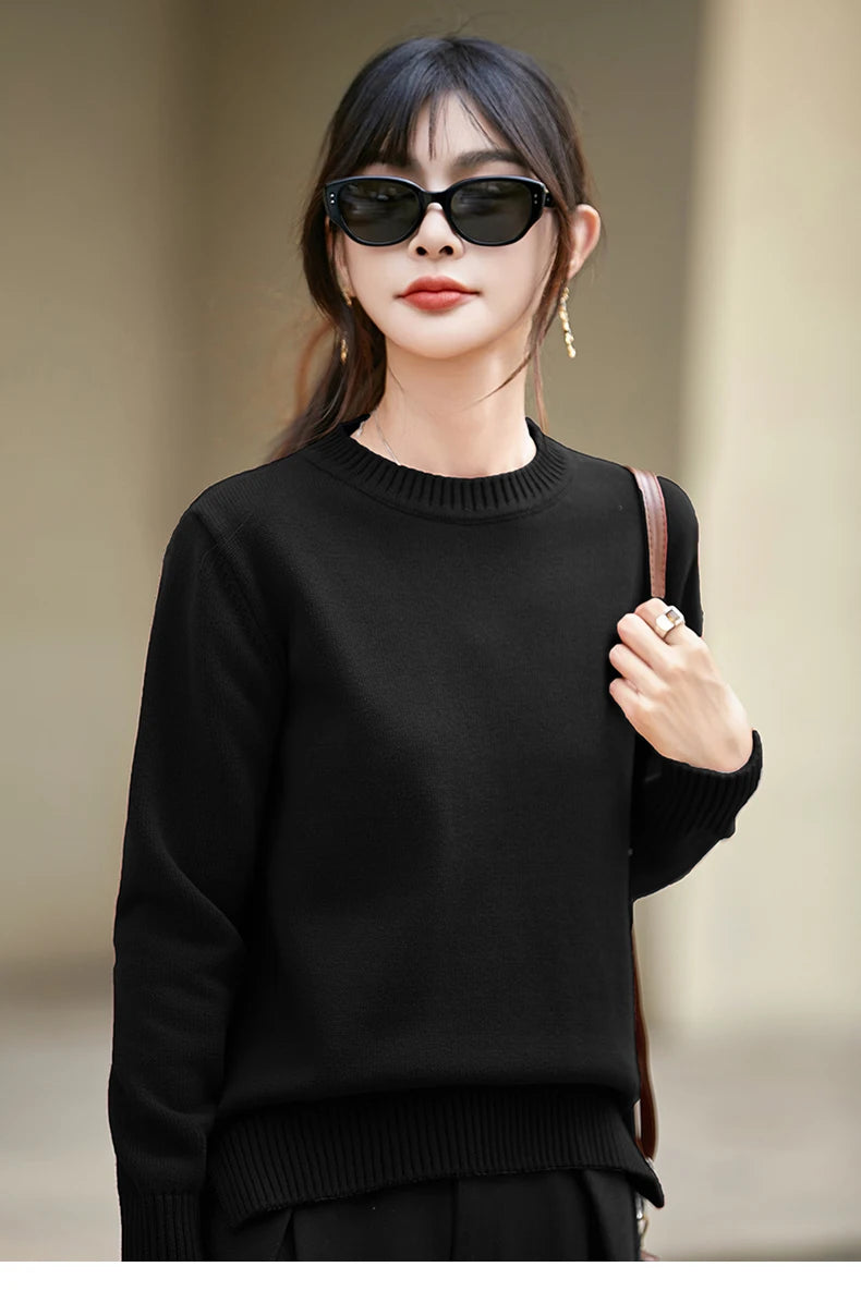 Women's autumn and winter 100% pure cotton knitted round neck soft pullover casual solid color warm sweater fashionable hot sell