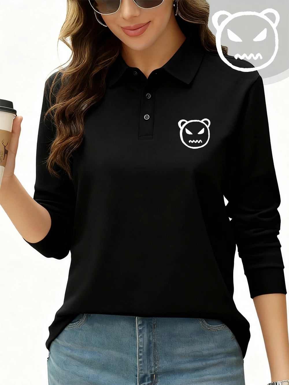 Angry Bear Printing Polo Shirt Womens Autumn Breathable Lapel T-Shirts Commuting Long Sleeves Tops Sporty Womans New Workwear