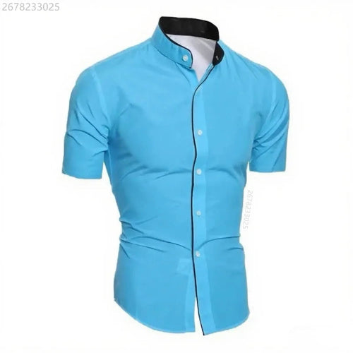 A men's short-sleeve button-up shirt in bright light blue, featuring a contrasting black inner collar and piping along the front placket, displayed on a white background.