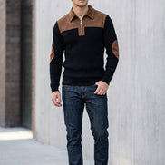Black sweater with brown collar and arm patches on a white background