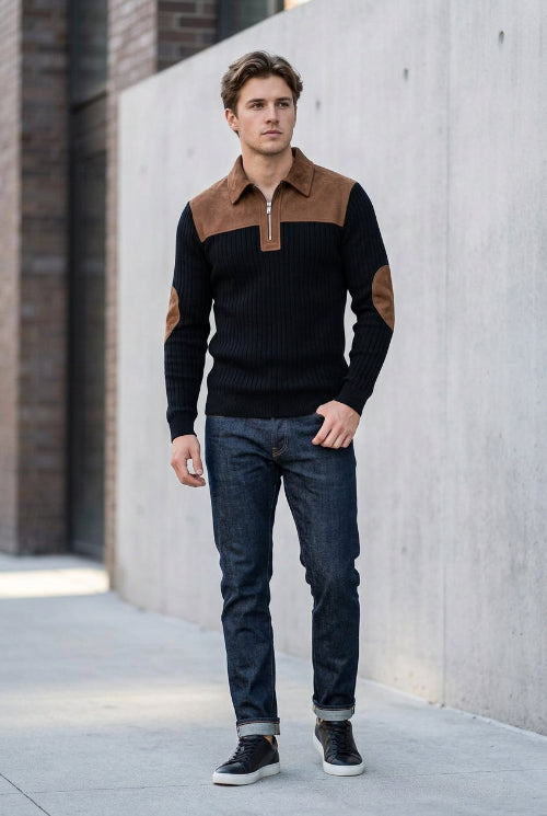 Black sweater with brown collar and arm patches on a white background