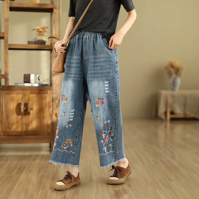 Spring Summer Ethnic Style Vintage Floral Embroidery Denim Wide Leg Pants Women High Elastic Waist Hole Casual Straight Jeans