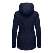 Back view of a navy hooded jacket with a gathered waist, curved hem and buttoned cuffs against a white background