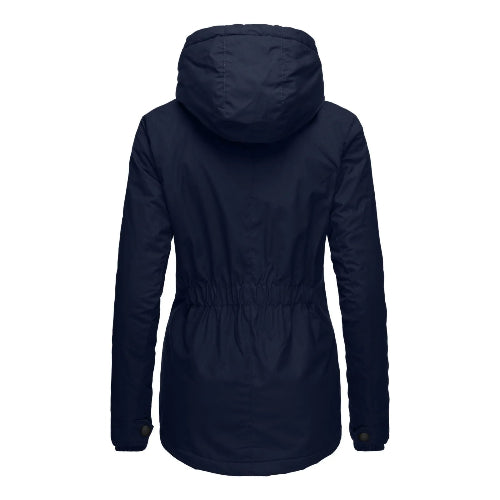 Back view of a navy hooded jacket with a gathered waist, curved hem and buttoned cuffs against a white background