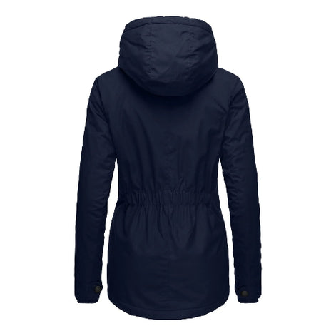 Back view of a navy hooded jacket with a gathered waist, curved hem and buttoned cuffs against a white background