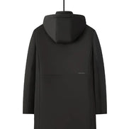 Back view of a black hooded jacket displayed on a hanger against a white background, with a small black label in the top-left corner reading 'Back'.