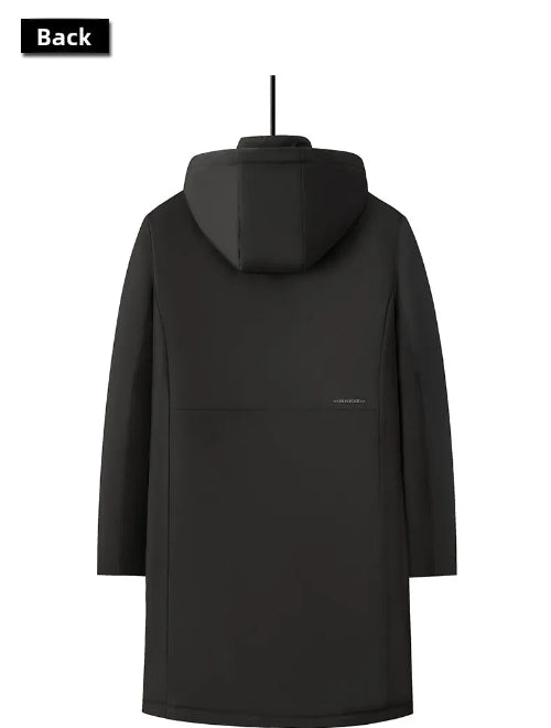 Back view of a black hooded jacket displayed on a hanger against a white background, with a small black label in the top-left corner reading 'Back'.