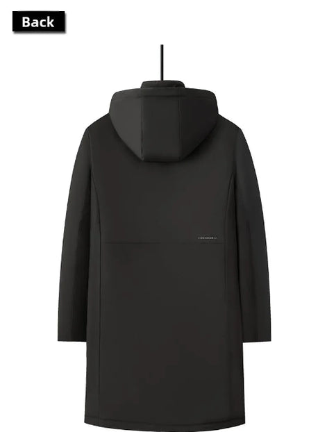 Back view of a black hooded jacket displayed on a hanger against a white background, with a small black label in the top-left corner reading 'Back'.