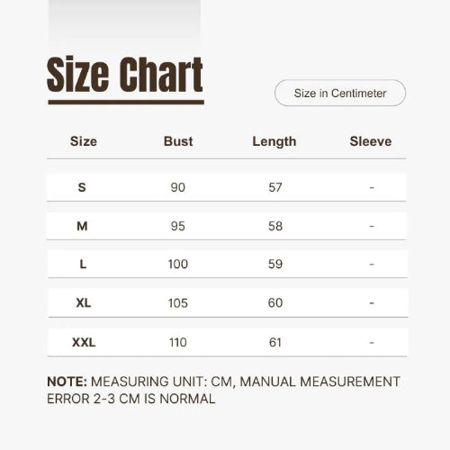Size chart for clothing with measurements in centimeters