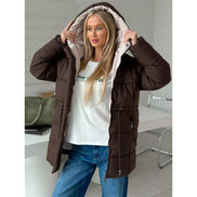 Brown Hooded Quilted Cotton Jacket Fashion Waist Cinch Drawstring Zip Pocket Warm Coat 2026 Women's Winter Casual Street Outfit