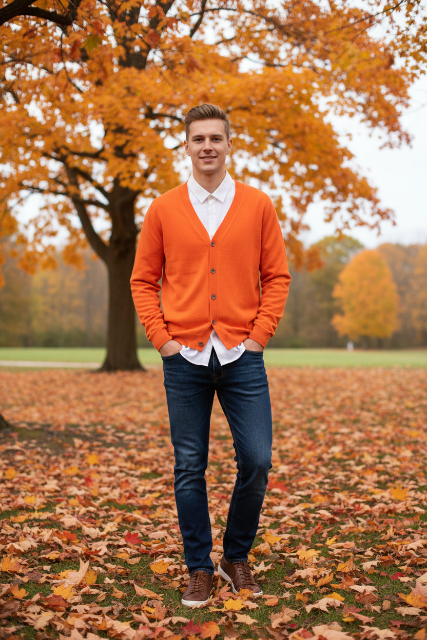 Orange cardigan over a white shirt on a wooden hanger