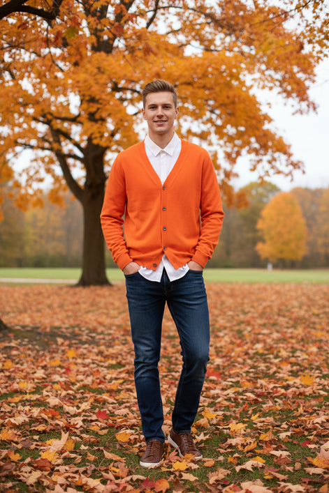 Orange cardigan over a white shirt on a wooden hanger