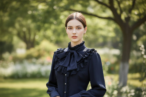 Black blouse with ruffled details on a white background