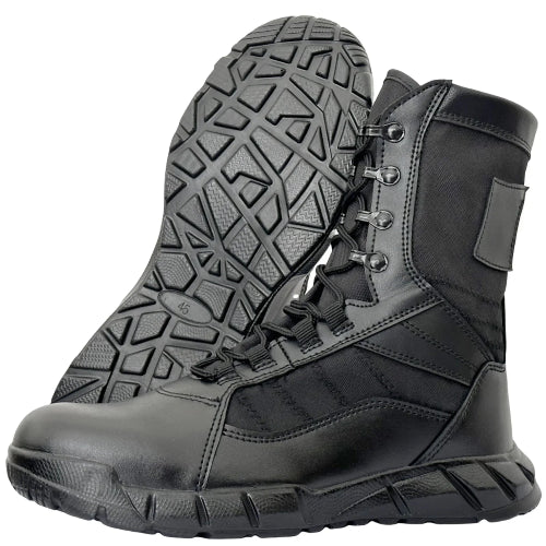 Black tactical boot with a white background