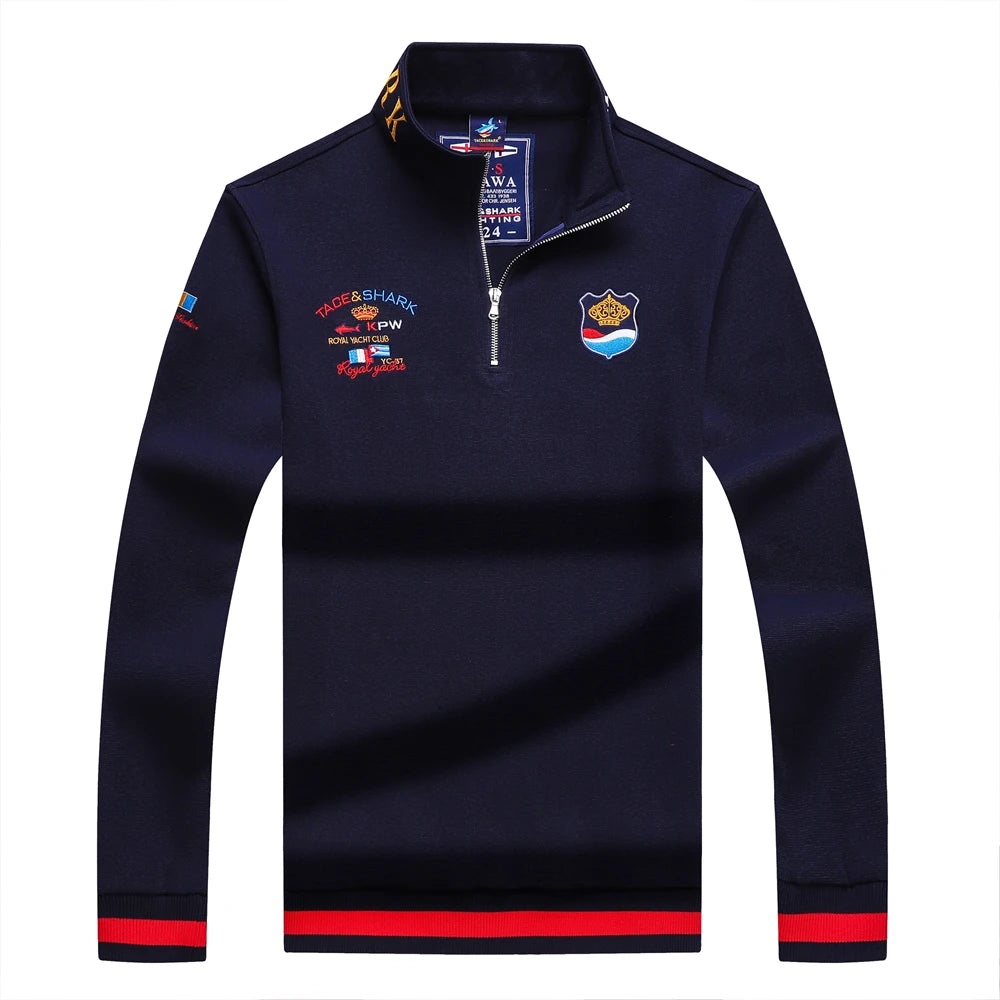 TACE&SHARK Fashion Men‘s Shark Embroidery Long Sleeve Polo Shirt Cotton Casual Wear Business Solid Color Tops