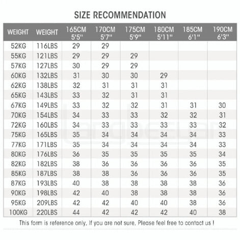 Size recommendation chart for clothing based on weight and height.