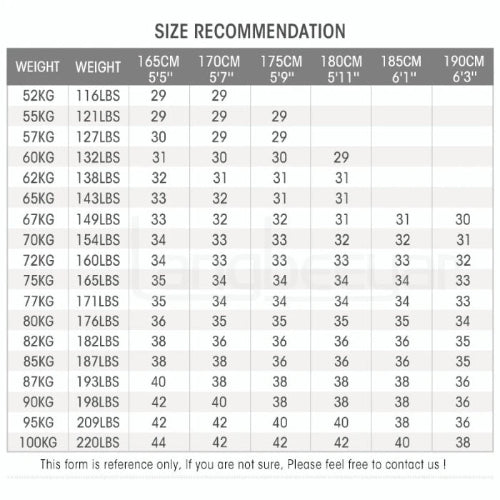 Size recommendation chart for clothing based on weight and height.
