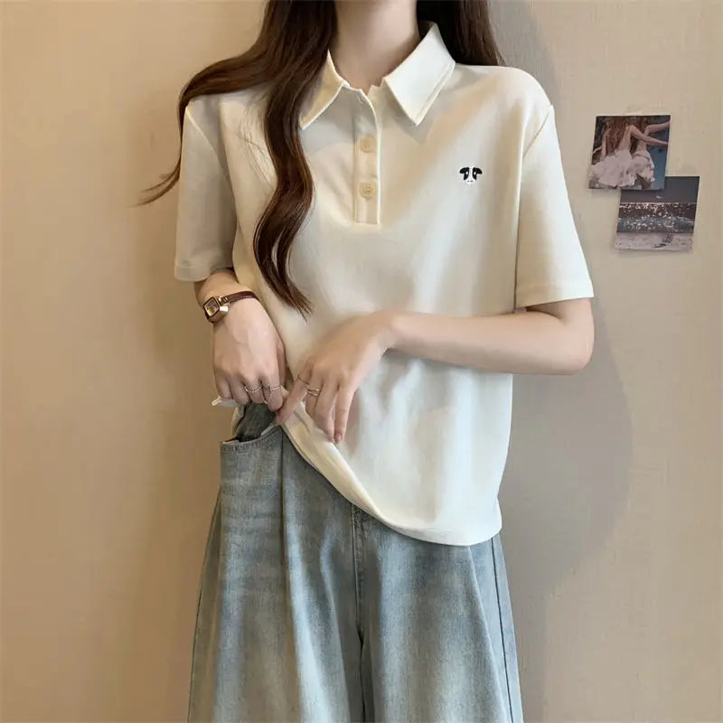 Pink Woman 100℅ Cotton Tshirt Embroidery Polo Neck T Shirt for Women Korean Clothing Y2k Fashion High Quality Youthful Elegant