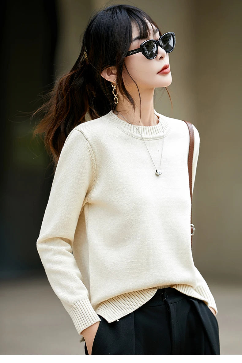 Women's autumn and winter 100% pure cotton knitted round neck soft pullover casual solid color warm sweater fashionable hot sell