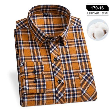 A folded long-sleeve plaid shirt in mustard yellow, navy, and white, shown on a white background with a small inset of cotton fibers and text reading 170-16 and 100% cotton.