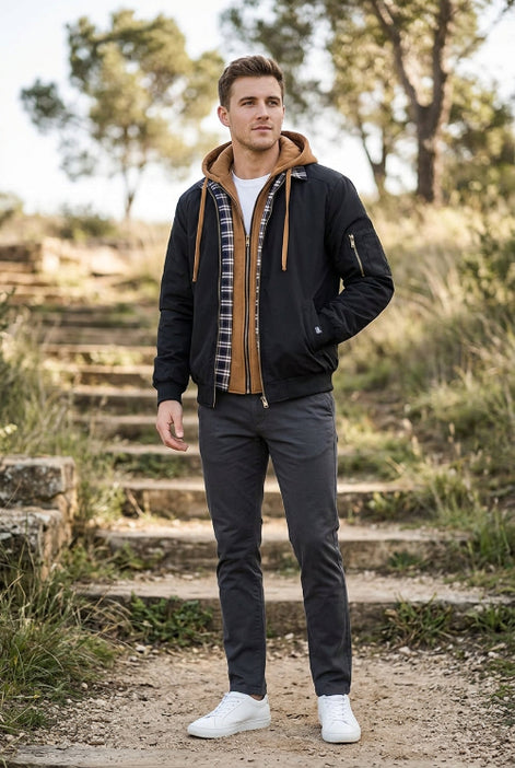 A men's black hooded jacket with tan fleece lining, a tan quilted interior, and a plaid patterned inner placket, shown on a white background.