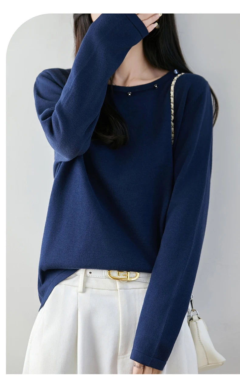 High end fashion 100% pure cotton women's sweater casual knitted round neck pullover autumn and winter solid color women's top