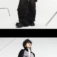 Four-photo collage of a model wearing washed black baggy cargo jeans with multiple pockets, styled with a gray-and-black hooded top and chunky black shoes.⠋