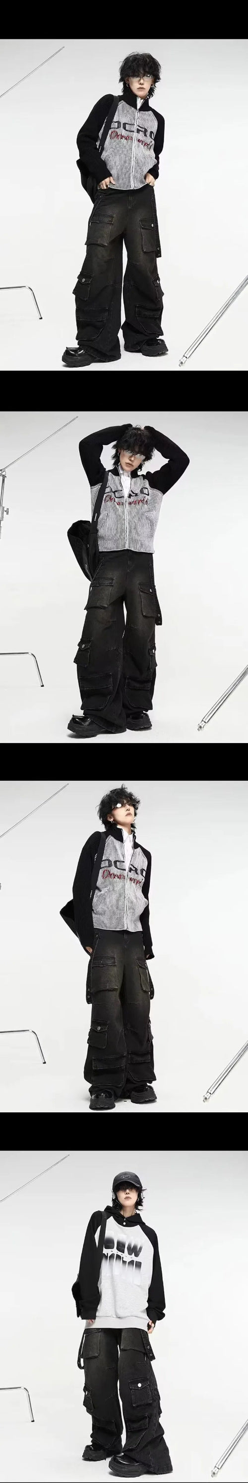 Four-photo collage of a model wearing washed black baggy cargo jeans with multiple pockets, styled with a gray-and-black hooded top and chunky black shoes.⠋