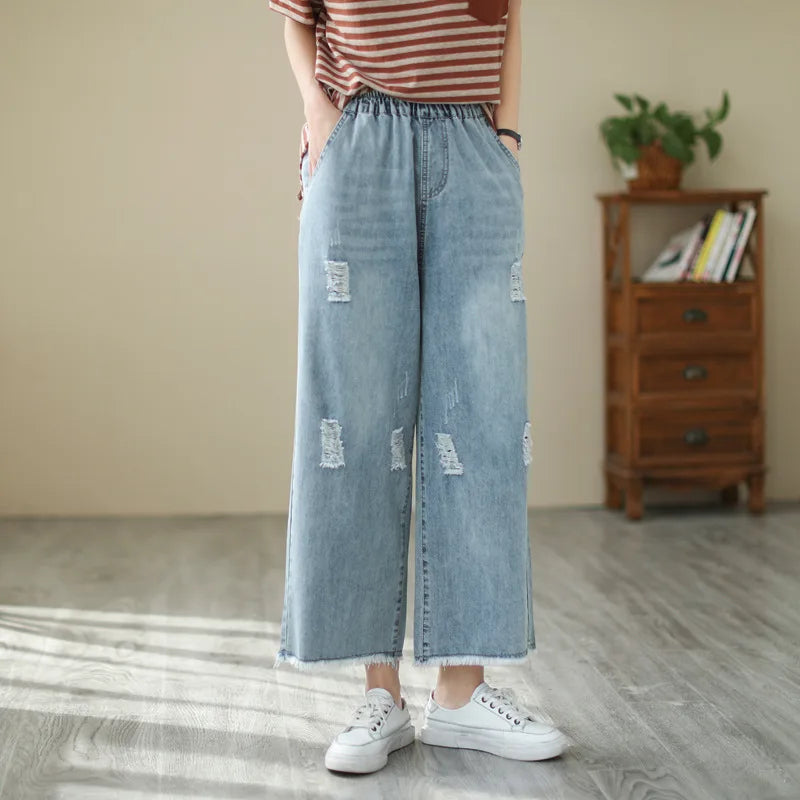 Spring Summer Ethnic Style Vintage Floral Embroidery Denim Wide Leg Pants Women High Elastic Waist Hole Casual Straight Jeans