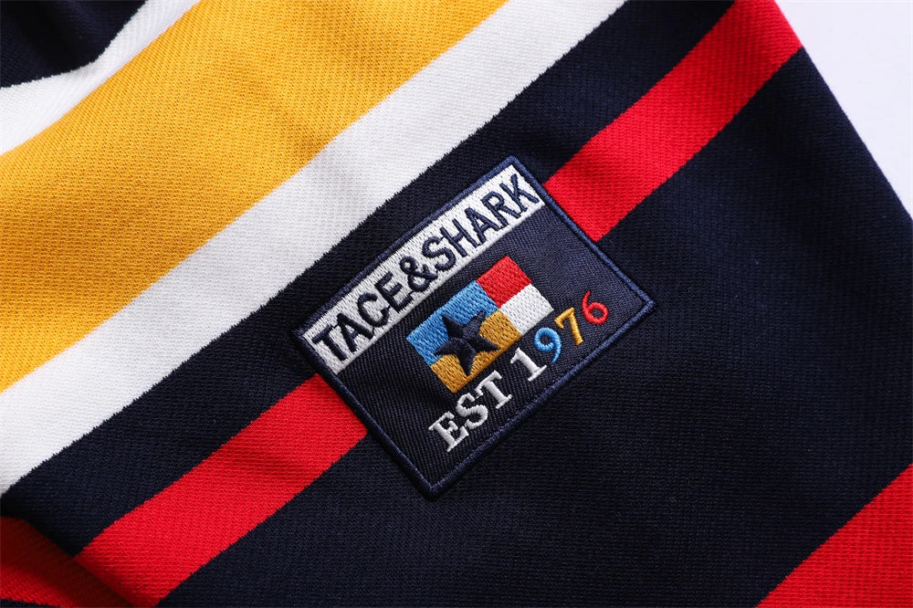 TACE&SHARK Brand Men‘s Casual Long Sleeve Striped Polo Shirt Cotton Blend Knitted Top Fashion Business Embroidery