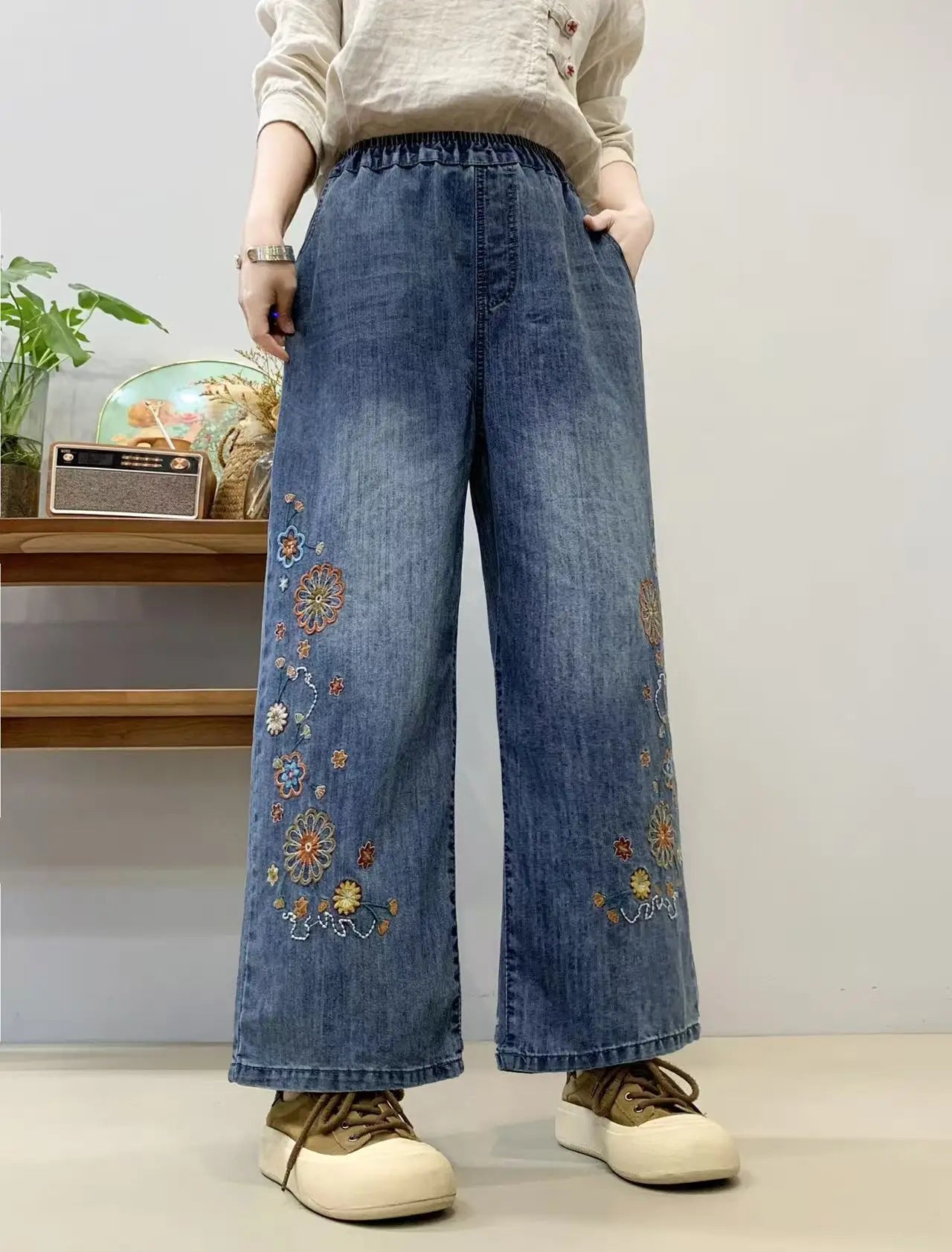 Spring Summer Ethnic Style Vintage Floral Embroidery Denim Wide Leg Pants Women High Elastic Waist Hole Casual Straight Jeans