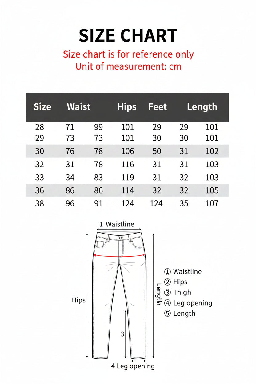 Size chart for clothing measurements in centimeters with a diagram of body measurements.