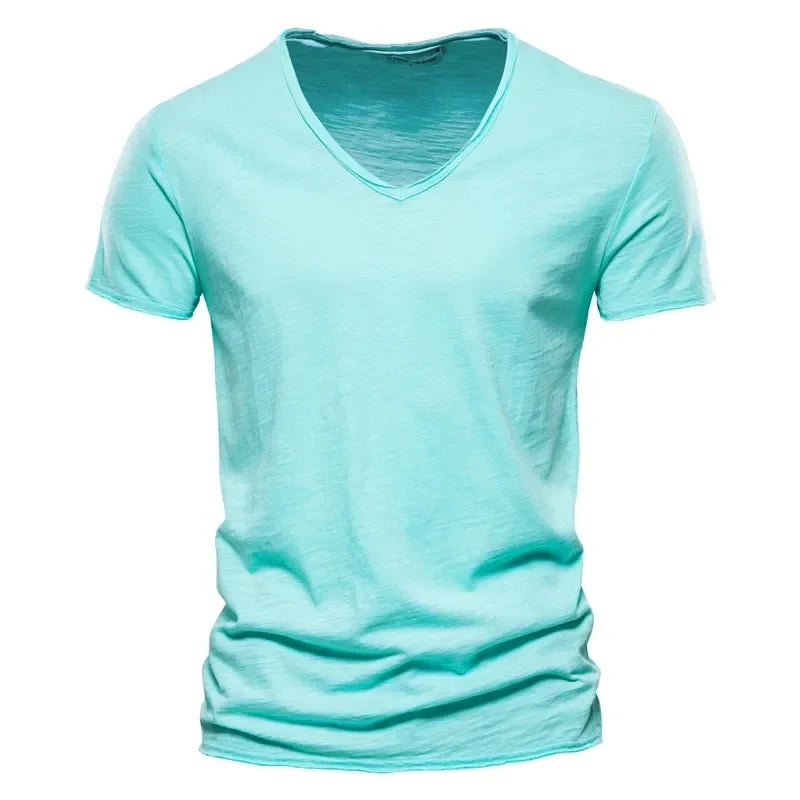 2025 New Brand Quality 100% Cotton Men T-shirt V-neck Fashion Design Slim Fit T-shirts Male Tops Tees Short Sleeve T Shirt Men