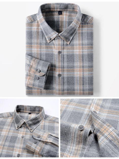 A folded long-sleeve plaid button-up shirt shown on a light gray background, with two smaller detail panels at the bottom showing the collar and fabric texture. 