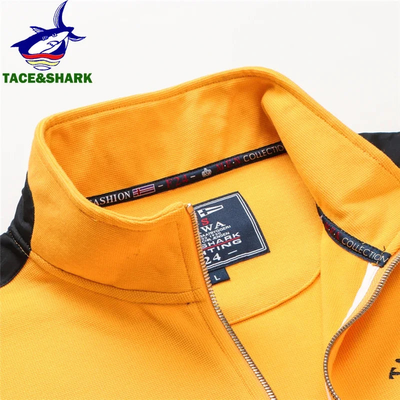 TACE&SHARK Fashion Brand Shark Solid Color Embroidery Jackets Zipper Turtleneck Men Pullovers Mens White Outerwear Clothing