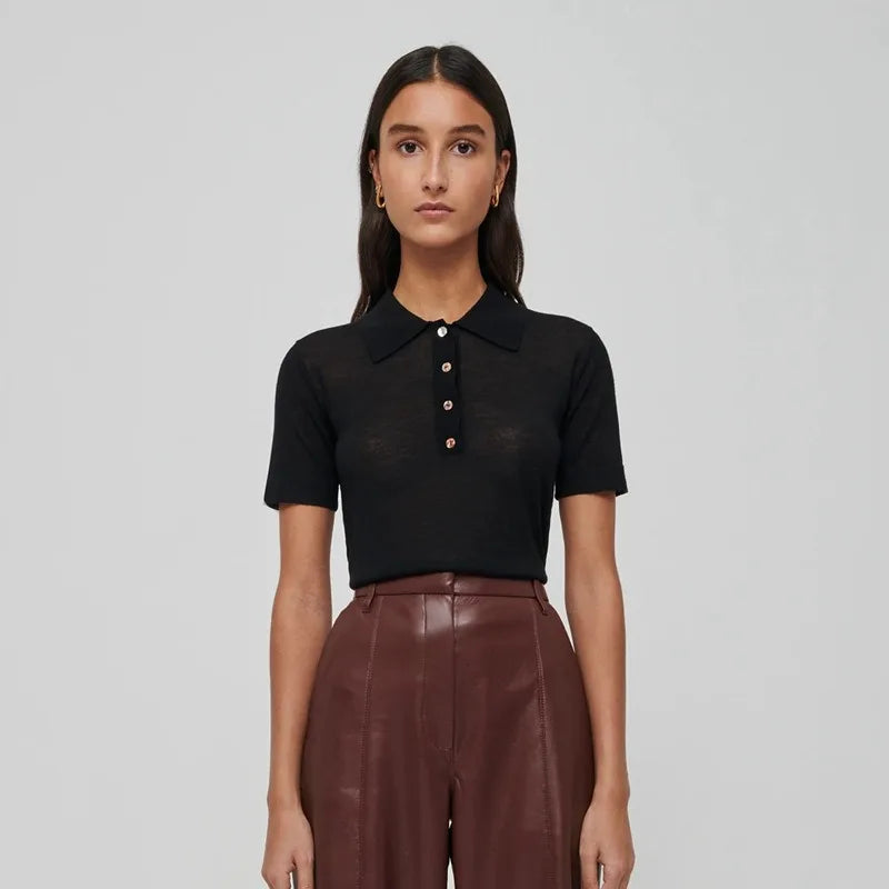 Jenny&Dave 2024 Summer Commuting Versatile Shirt Short POLO Tshirts Knitted Sleeved Top Women 2024 Merino Wool Casual Top