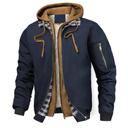 Navy blue jacket with brown interior and plaid lining on a white background
