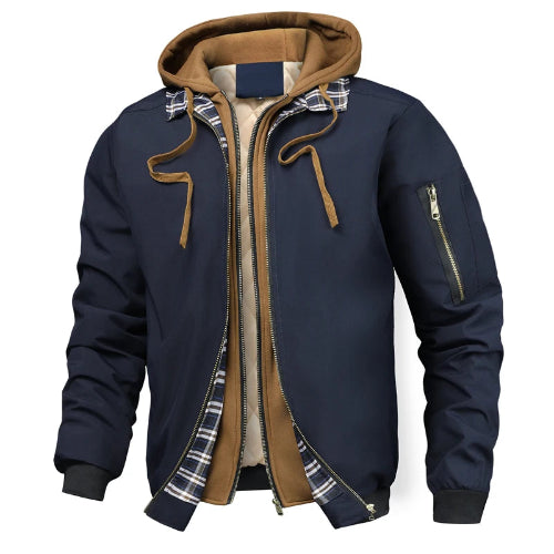 Navy blue jacket with brown interior and plaid lining on a white background