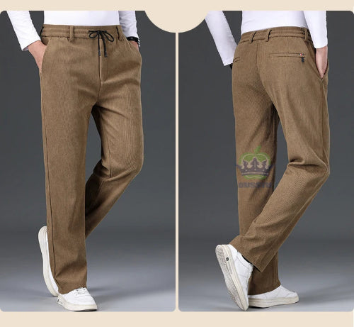 Brown pants displayed on a person with a visible brand logo.