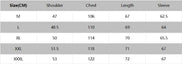 Size chart for shoulder, chest, length, and sleeve measurements in centimeters.