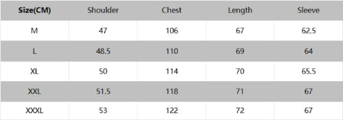 Size chart for shoulder, chest, length, and sleeve measurements in centimeters.