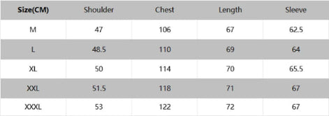 Size chart for shoulder, chest, length, and sleeve measurements in centimeters.